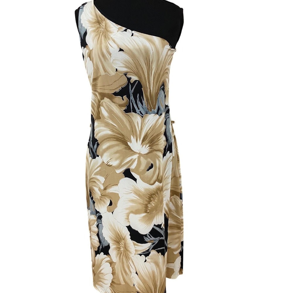 One Shoulder Dress Women L Rave Tan Floral Vintage Asymmetrical 90s